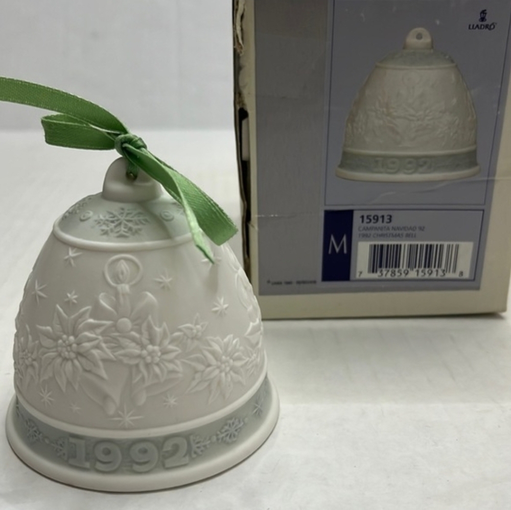 1992 Lladro White Floral Bell Ornament with Green Ribbon